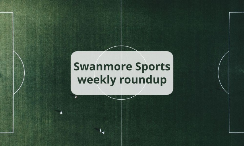 Image shows a football pitch from directly above, with the text Swanmore Sports weekly roundup